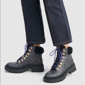 Coach Janel Signature Logo Print Shearling Accent Lug Sole Hiker Booti…